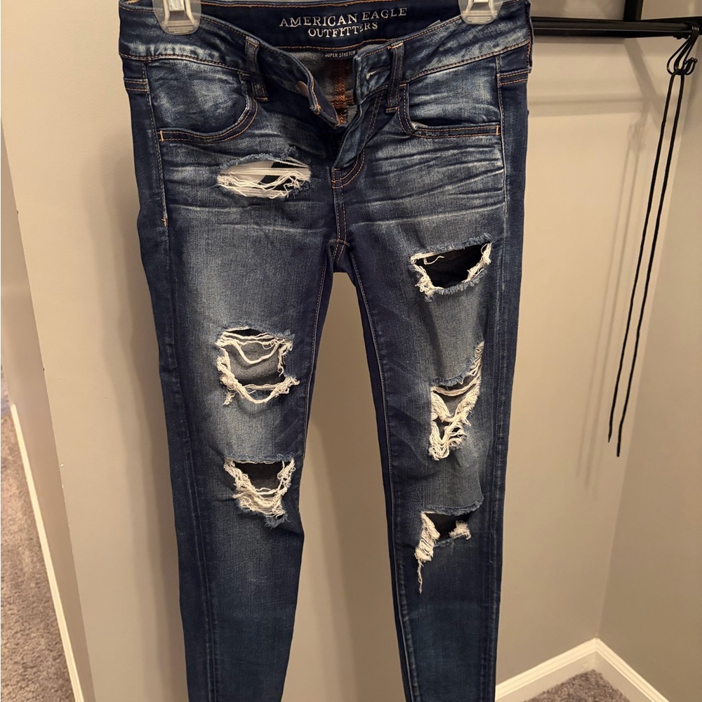 American Eagle Outfitters Women's Ripped Dark Blue Skinny Jeans